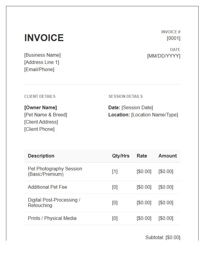 Pet Photography Session Invoice Template