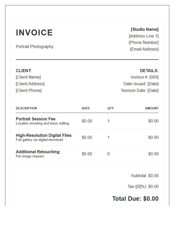 Portrait Photography Session Invoice Template