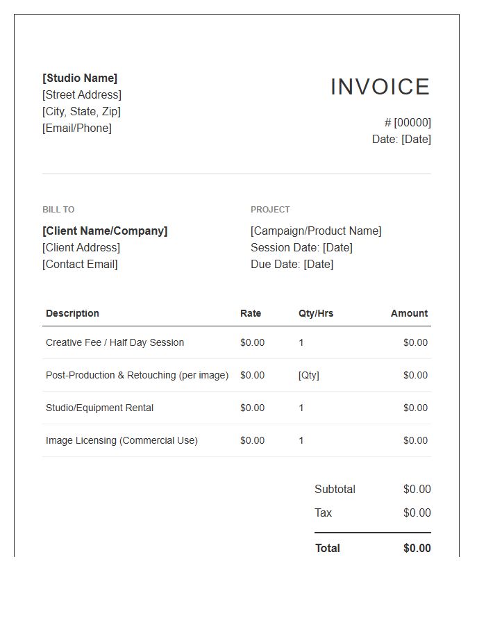 Product Photography Session Invoice Template