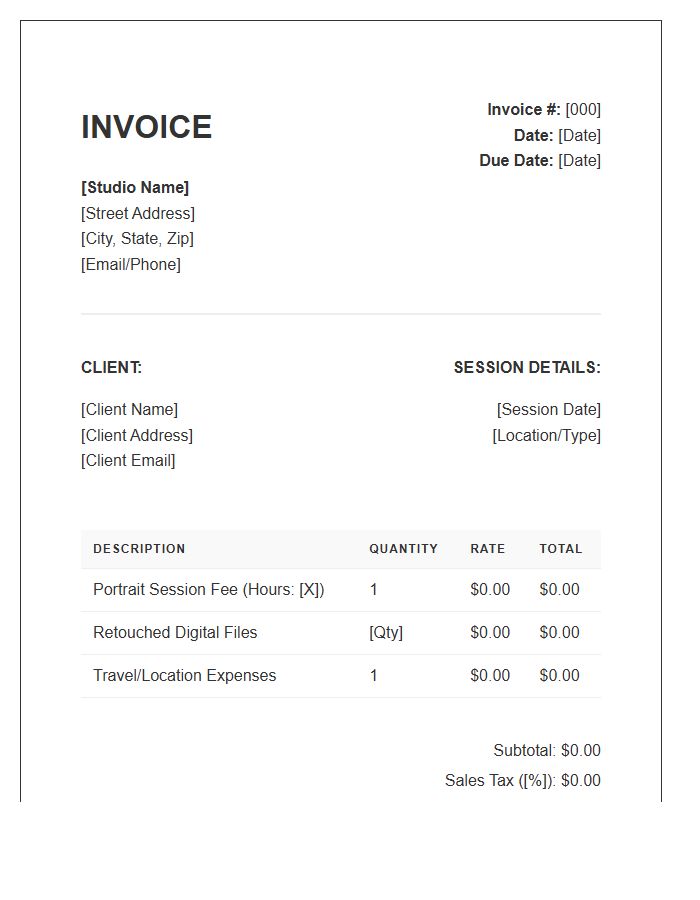 Professional Portrait Session Invoice Template