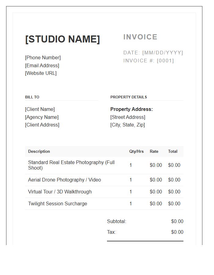 Real Estate Photography Session Invoice Template
