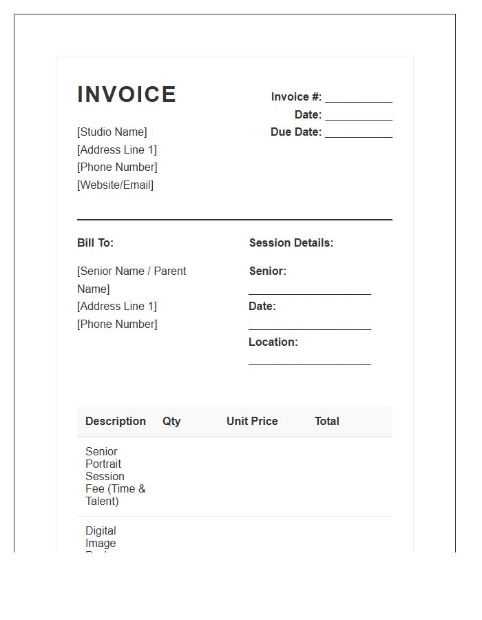Senior Photography Session Invoice Template