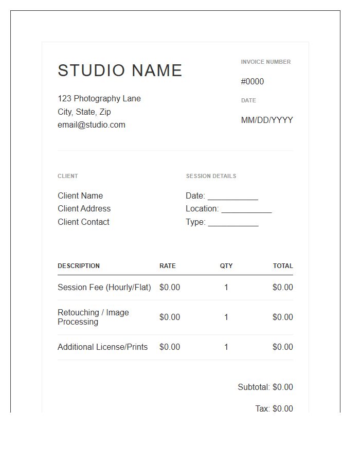 Studio Photography Session Invoice Template