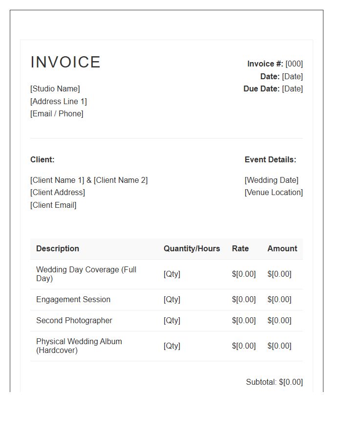 Wedding Photography Session Invoice Template