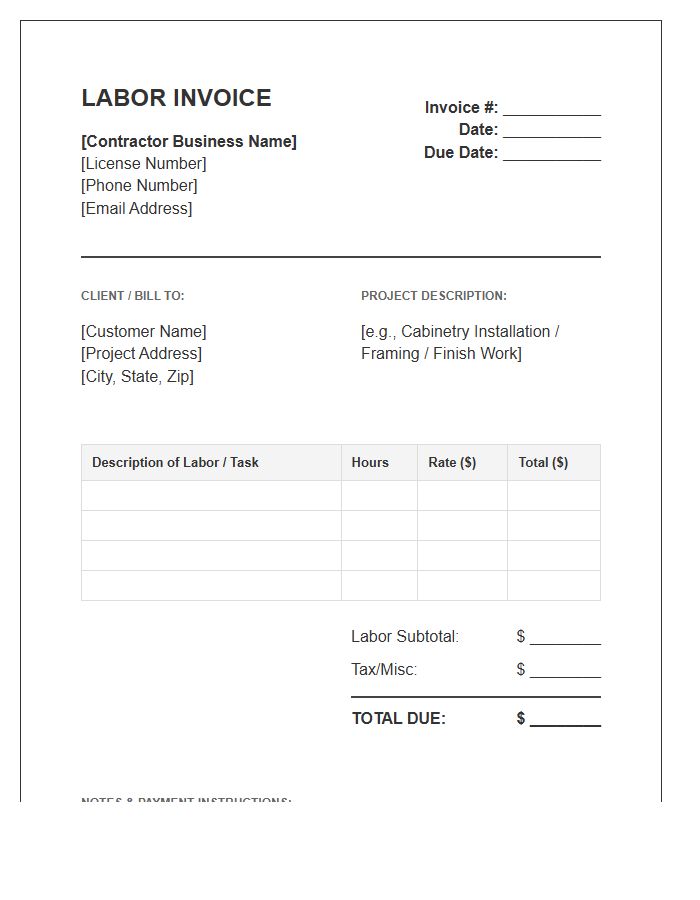 Carpentry Contractor Labor Invoice Template