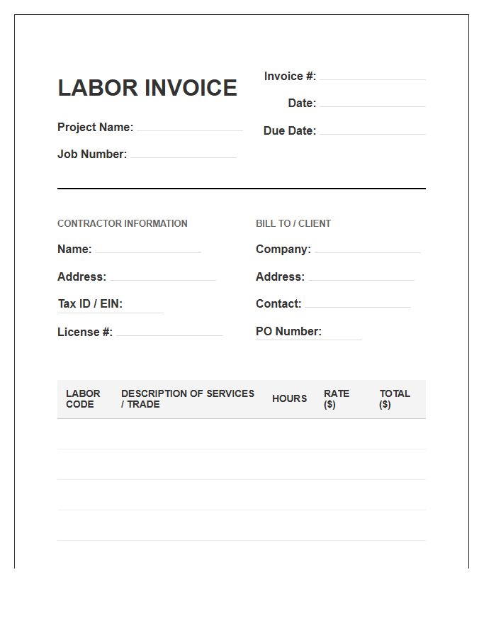 Commercial Contractor Labor Invoice Template