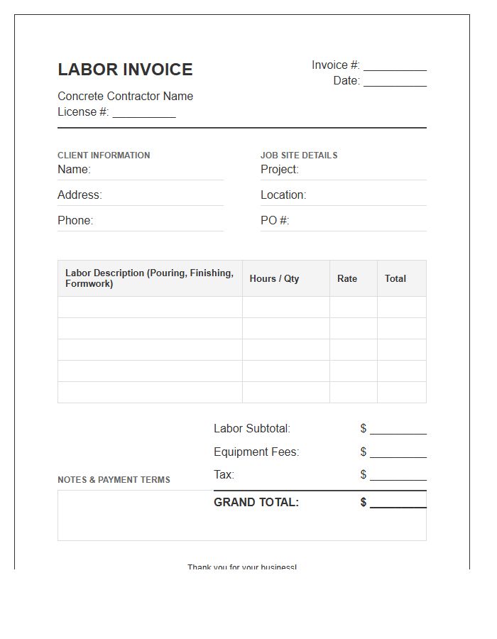 Concrete Contractor Labor Invoice Template