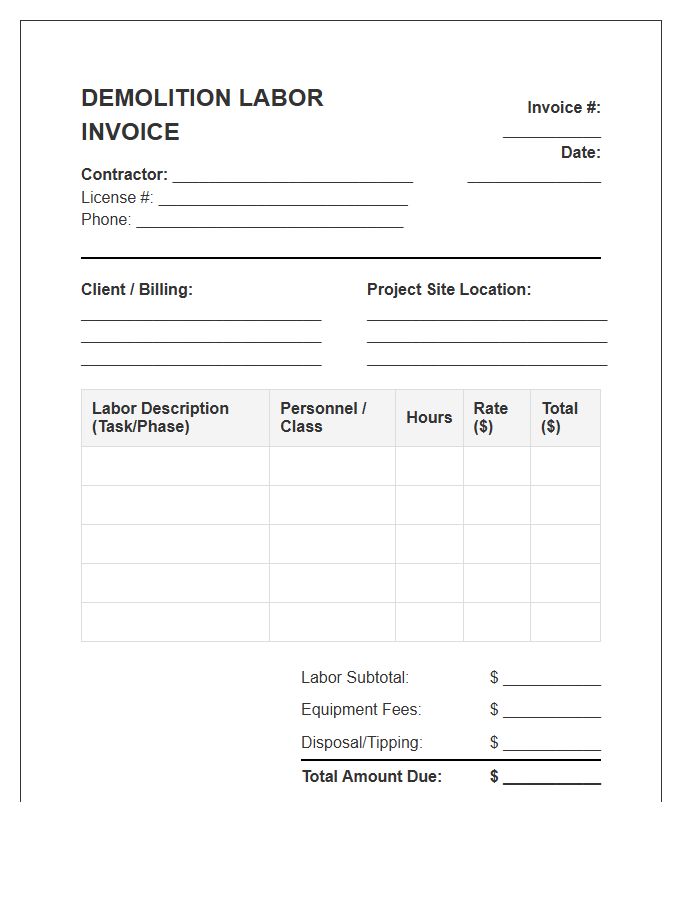 Demolition Contractor Labor Invoice Template