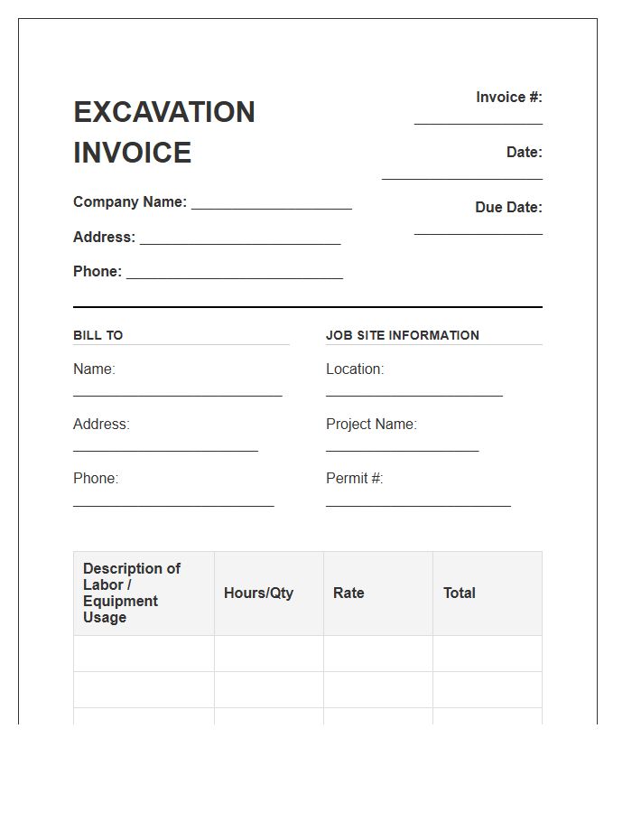 Excavation Labor Invoice Template