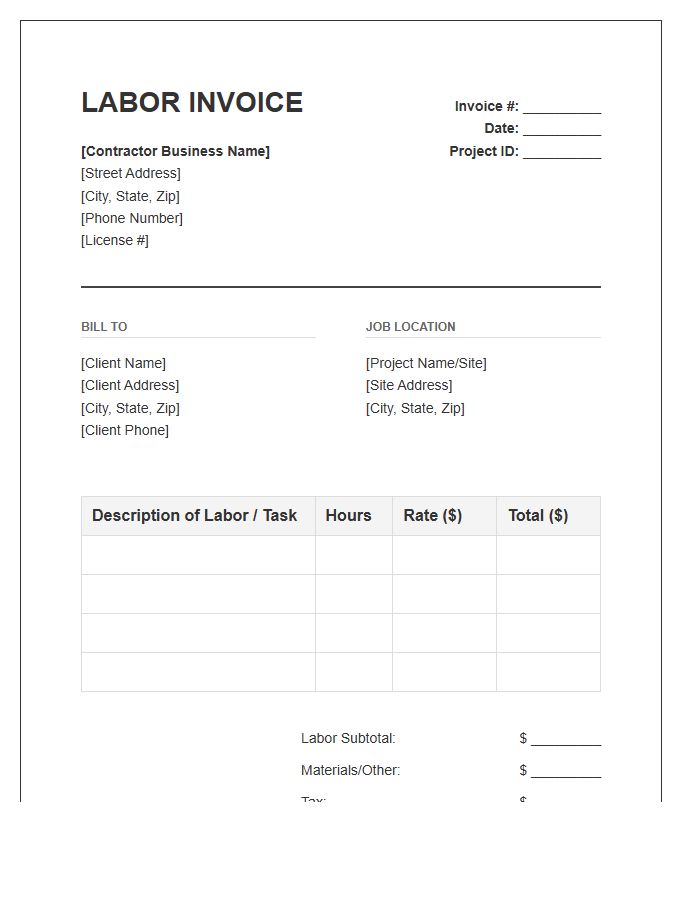 General Contractor Labor Invoice Template