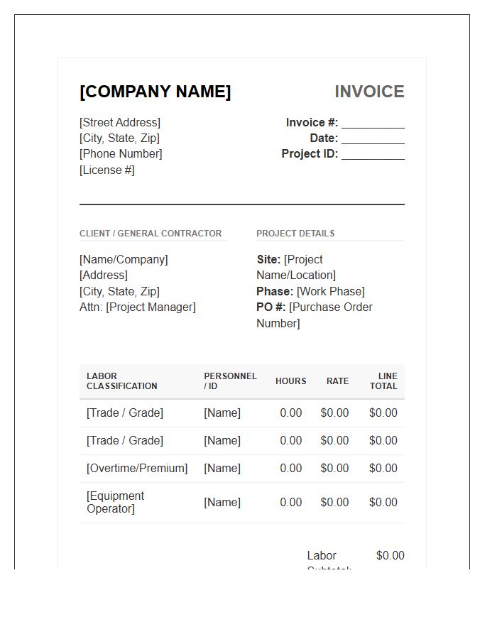 Industrial Construction Labor Invoice Template