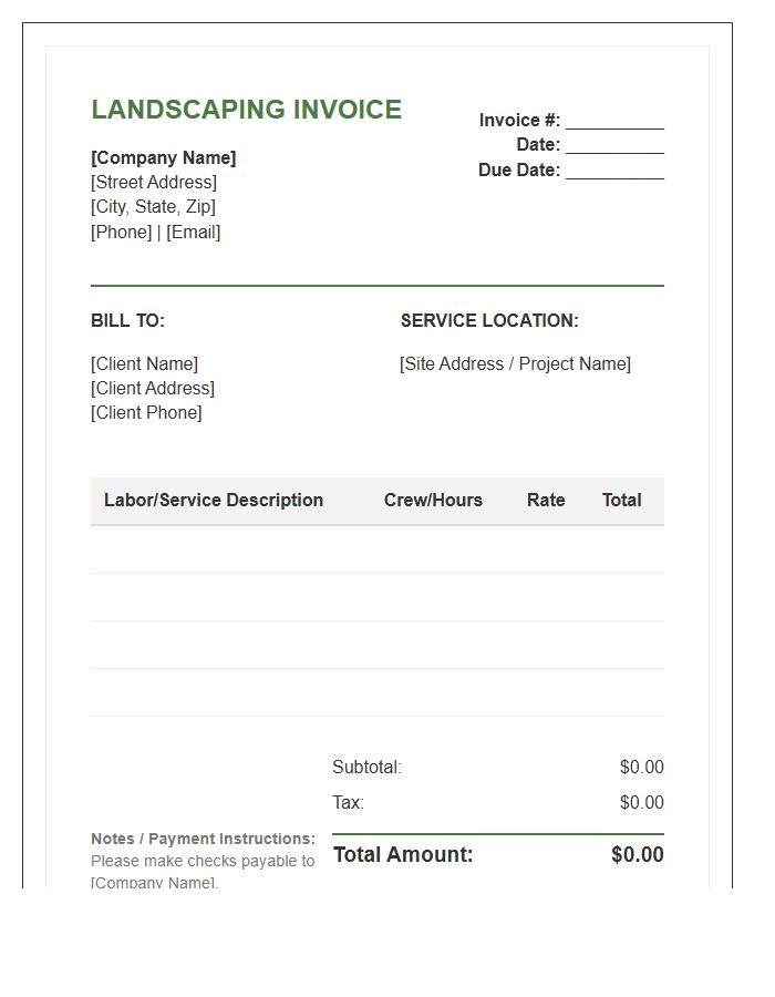 Landscaping Contractor Labor Invoice Template