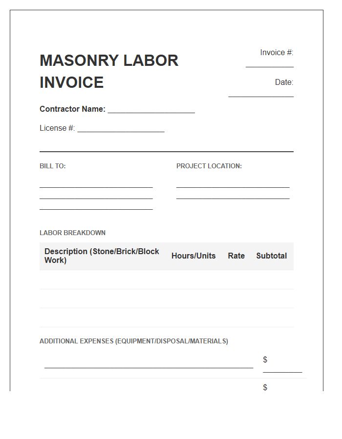 Masonry Contractor Labor Invoice Template