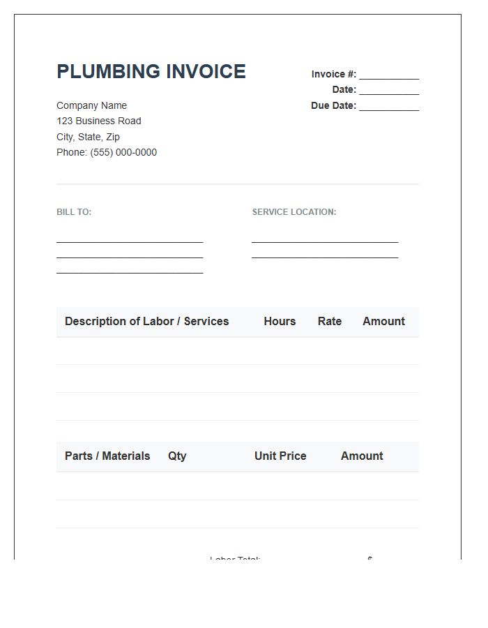 Plumbing Labor Invoice Template