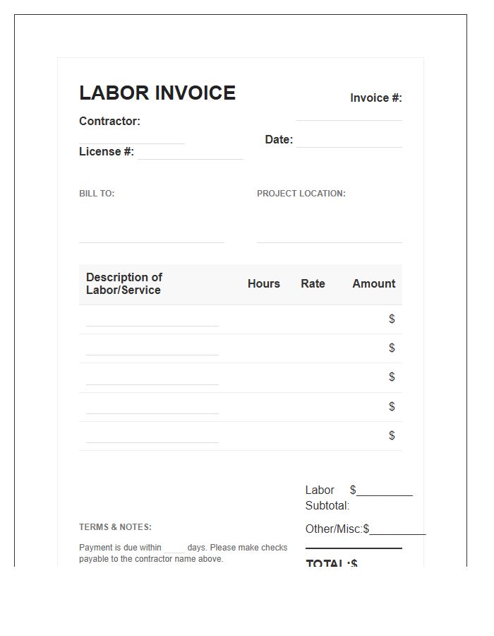 Remodeling Labor Invoice Template