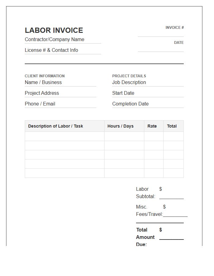 Renovation Contractor Labor Invoice Template