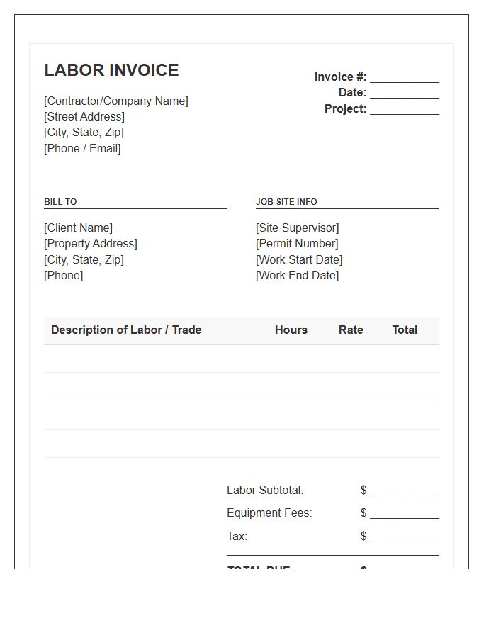 Residential Construction Labor Invoice Template