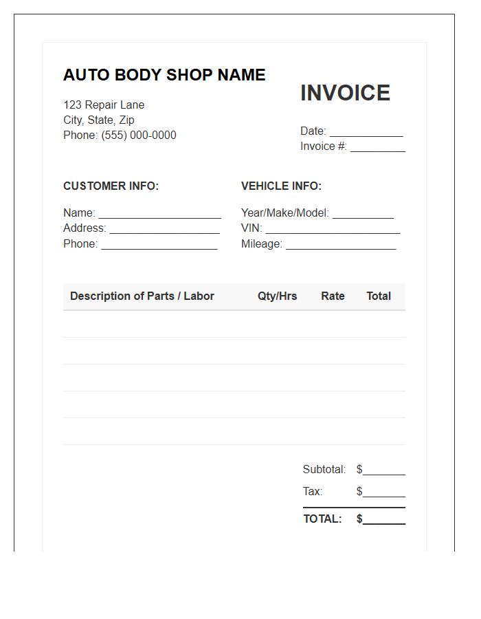 Auto Body Shop Repair Invoice Template