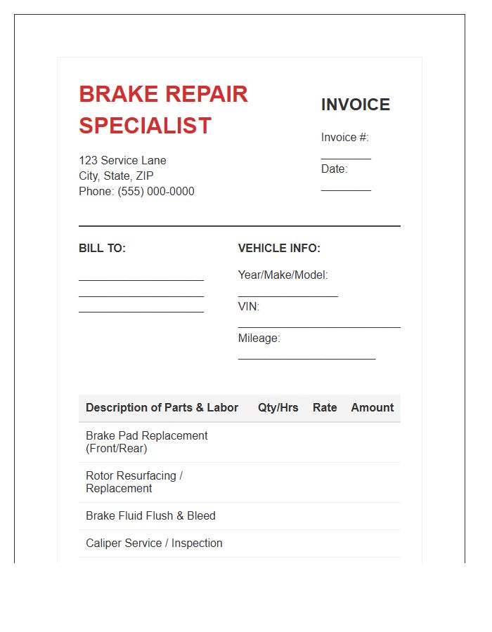 Brake Repair Specialist Invoice Template