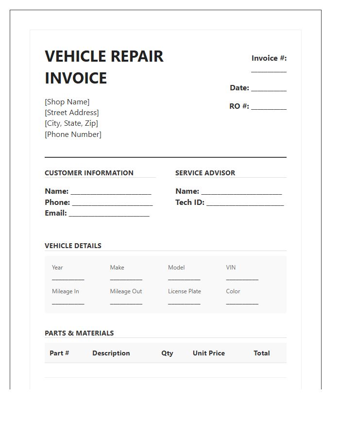 Comprehensive Vehicle Repair Invoice Template