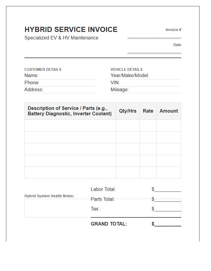 Hybrid Vehicle Repair Service Invoice Template