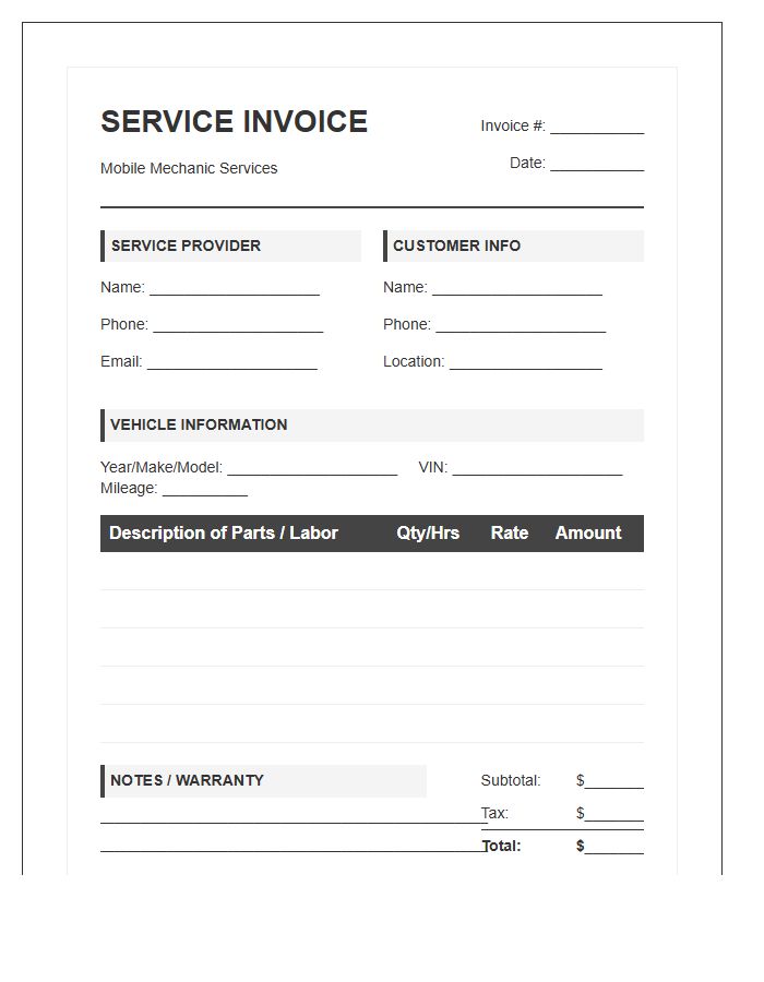 Mobile Mechanic Service Invoice Template