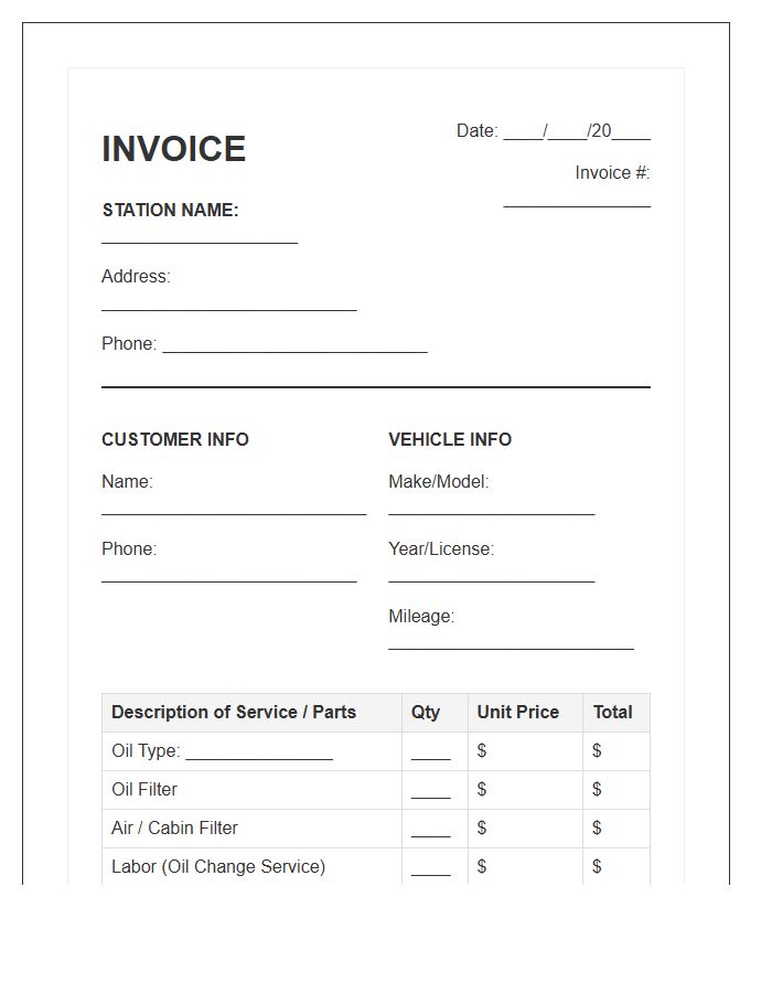 Oil Change Service Station Invoice Template