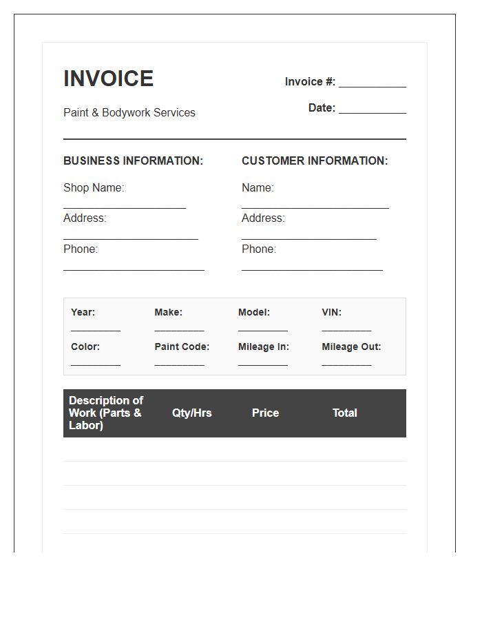 Paint And Bodywork Service Invoice Template