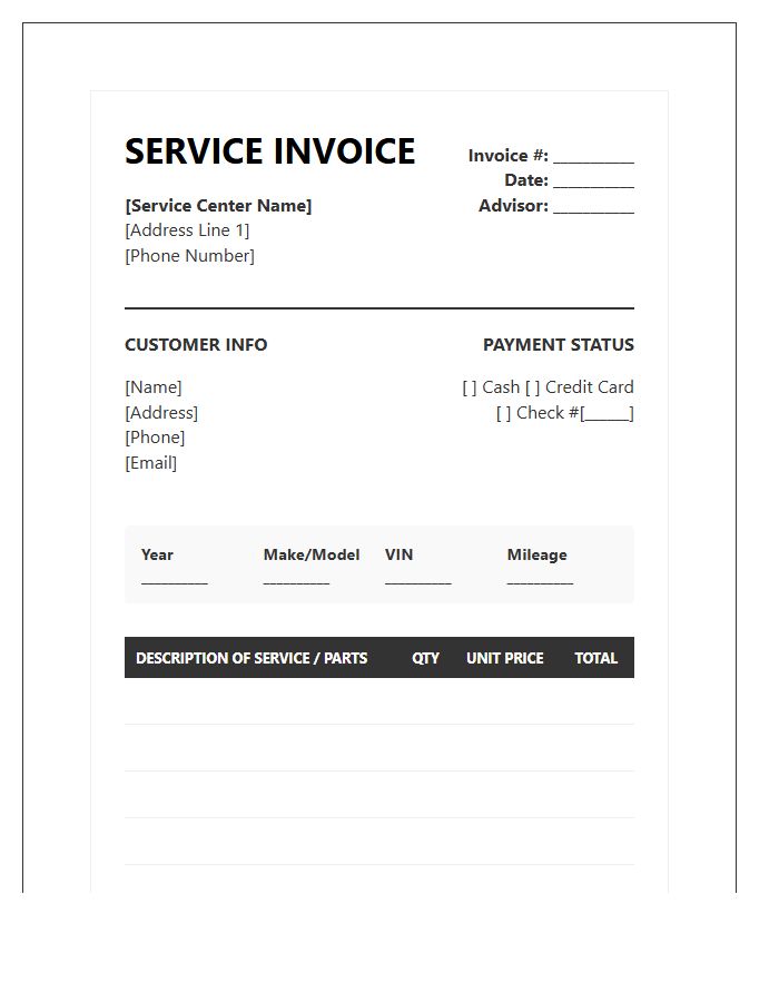 Professional Automotive Service Center Invoice Template