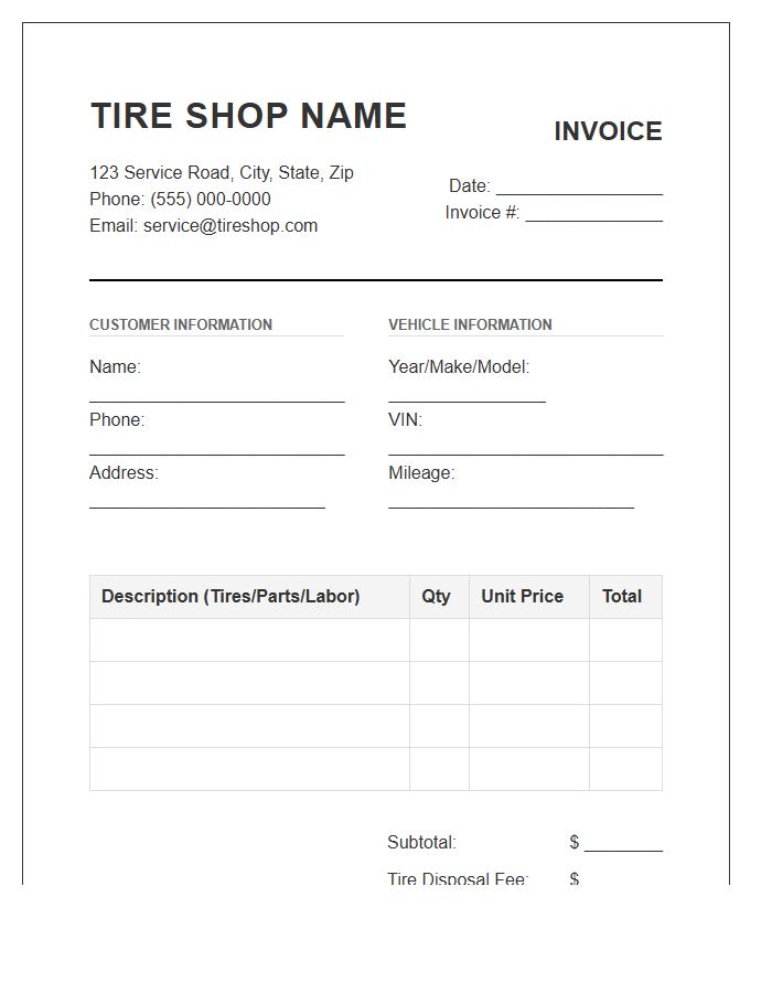 Tire Replacement Shop Business Invoice Template