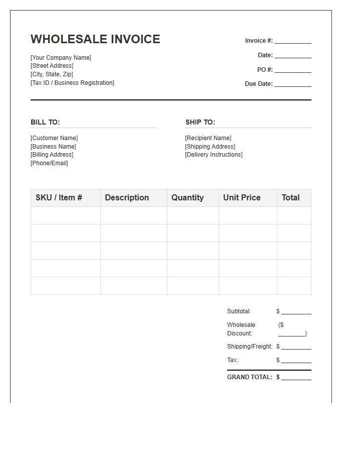 Commercial Wholesale Product Supply Invoice Template