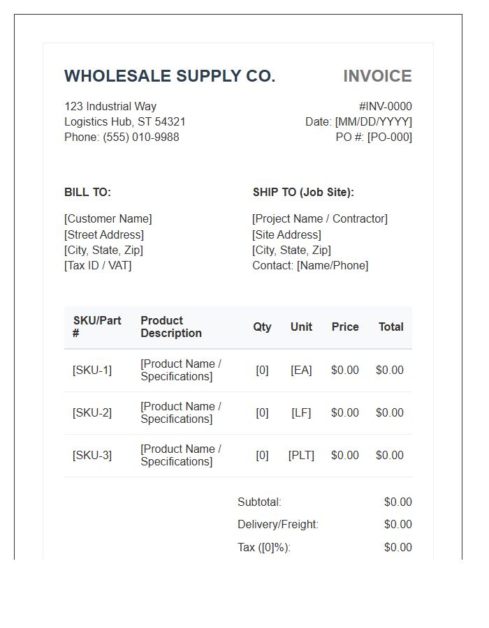 Wholesale Construction Product Supply Invoice Template