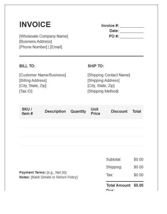 Wholesale Product Supply Billing Invoice Template