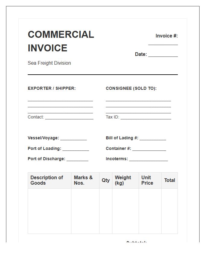 Commercial Sea Freight Invoice Template