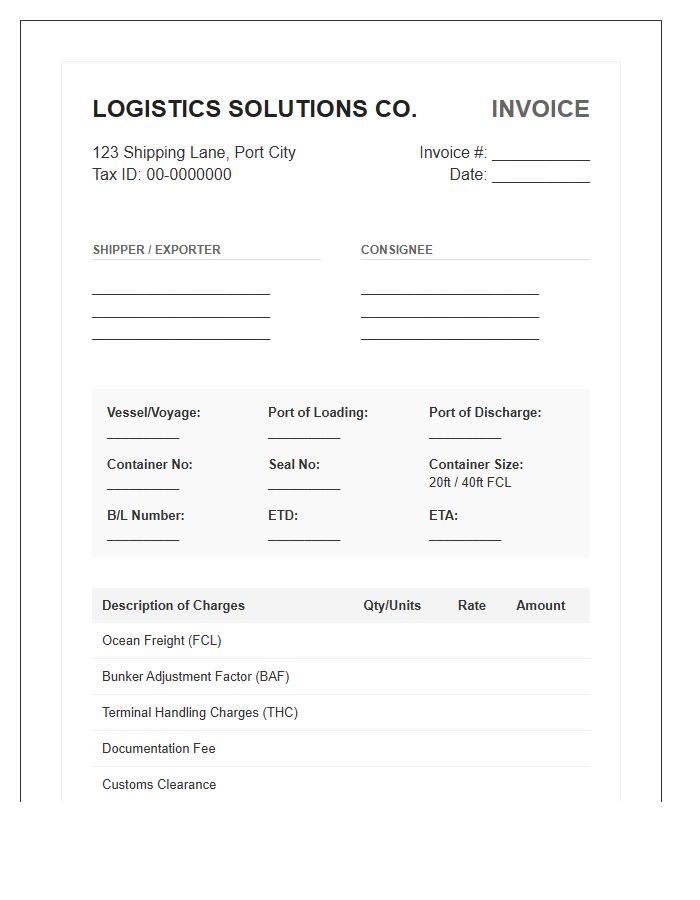 Full Container Load Logistic Invoice Template