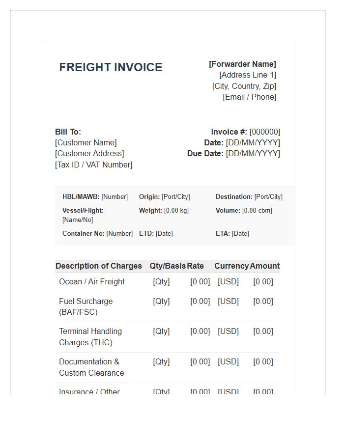 International Freight Forwarding Services Invoice Template