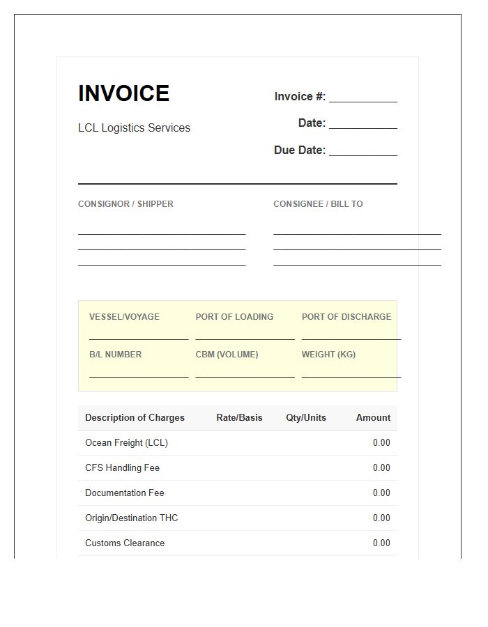 Less Than Container Load Logistic Invoice Template