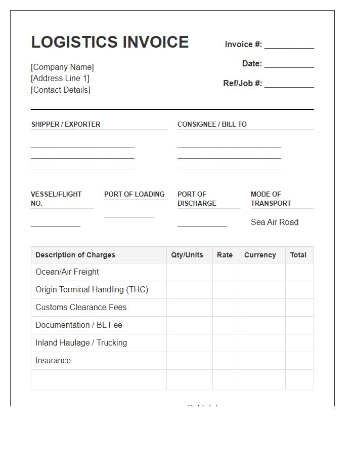 Multimodal Transport Logistic Invoice Template