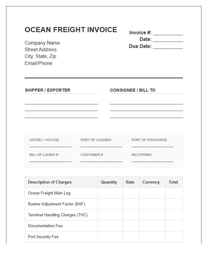 Ocean Freight Shipping Logistic Invoice Template