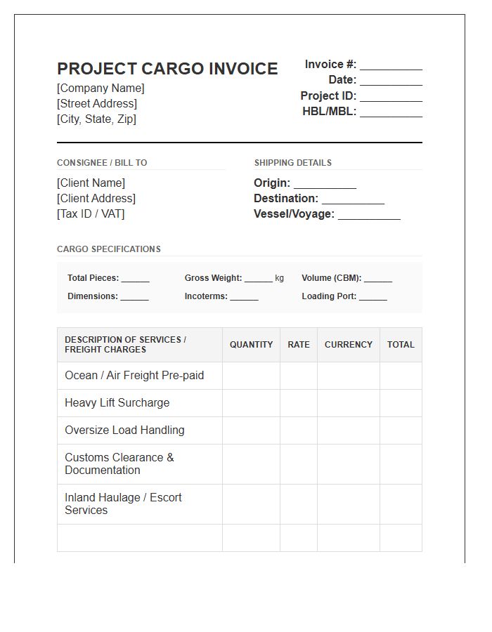 Project Cargo Logistic Invoice Template