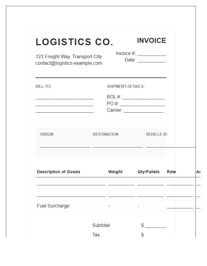 Road Freight Transportation Logistic Invoice Template