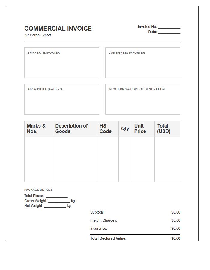 Air Cargo Customs Invoice Template