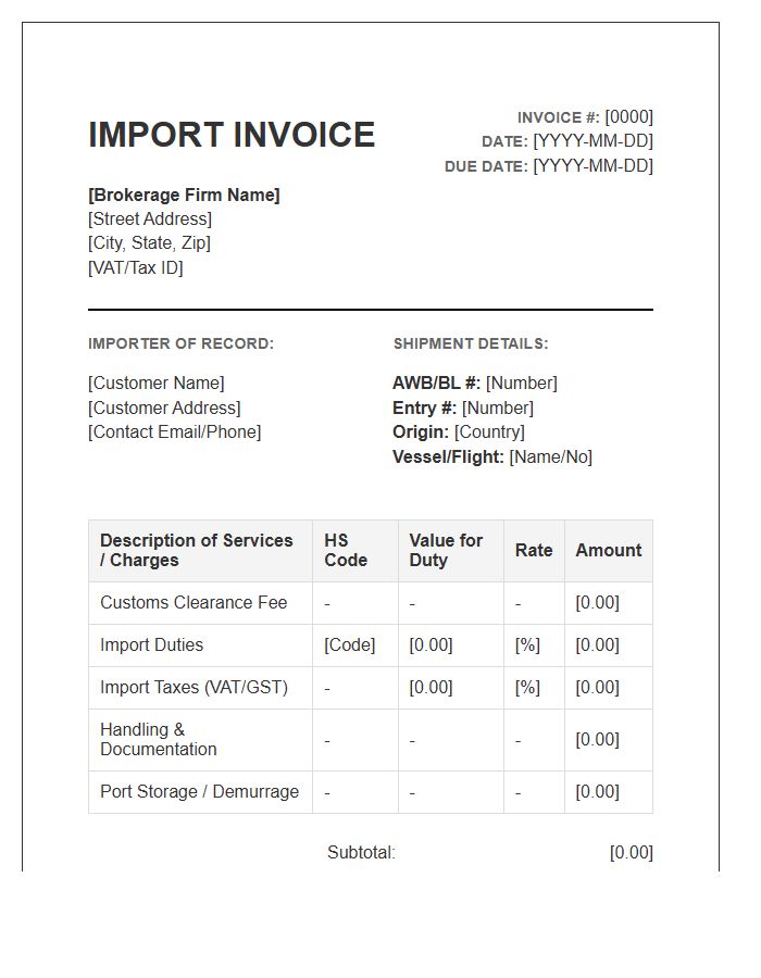 Brokerage Service Import Invoice Template
