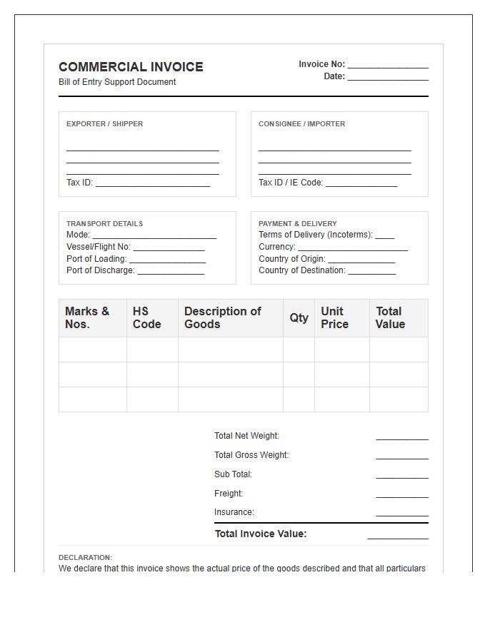 Commercial Bill Of Entry Invoice Template