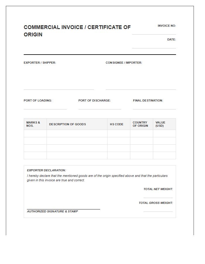 Country Of Origin Invoice Template