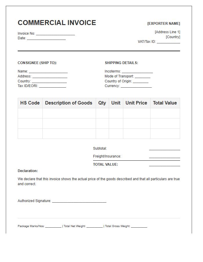 Cross Border Trade Invoice Template