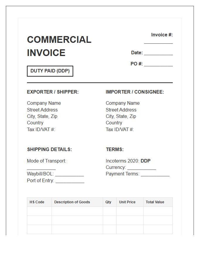 Duty Paid Import Invoice Template