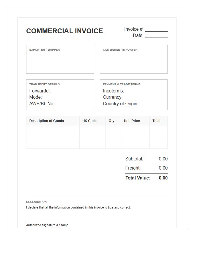 Freight Forwarding Customs Invoice Template