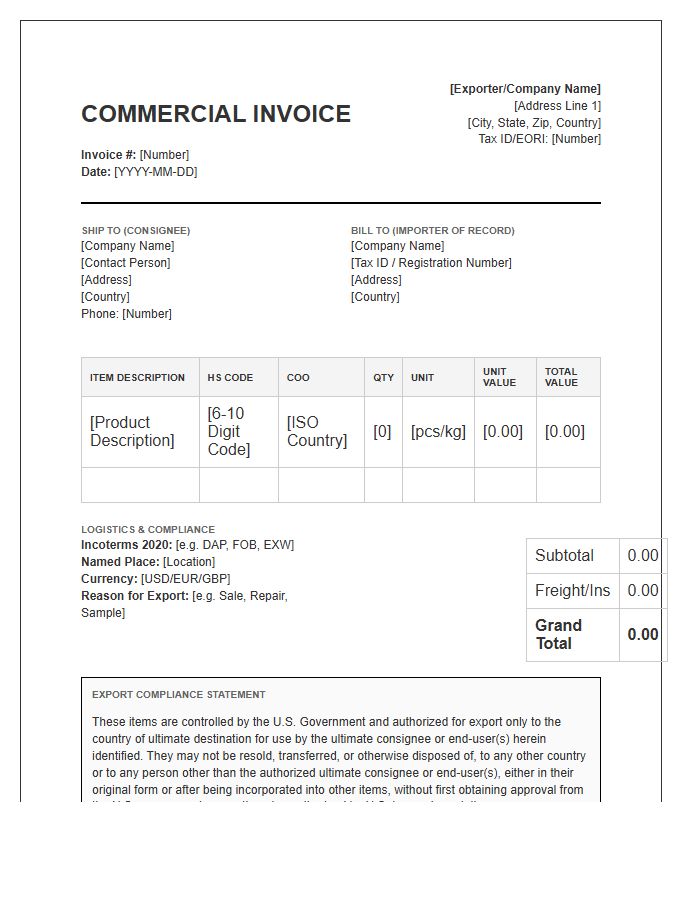 Global Trade Compliance Invoice Template