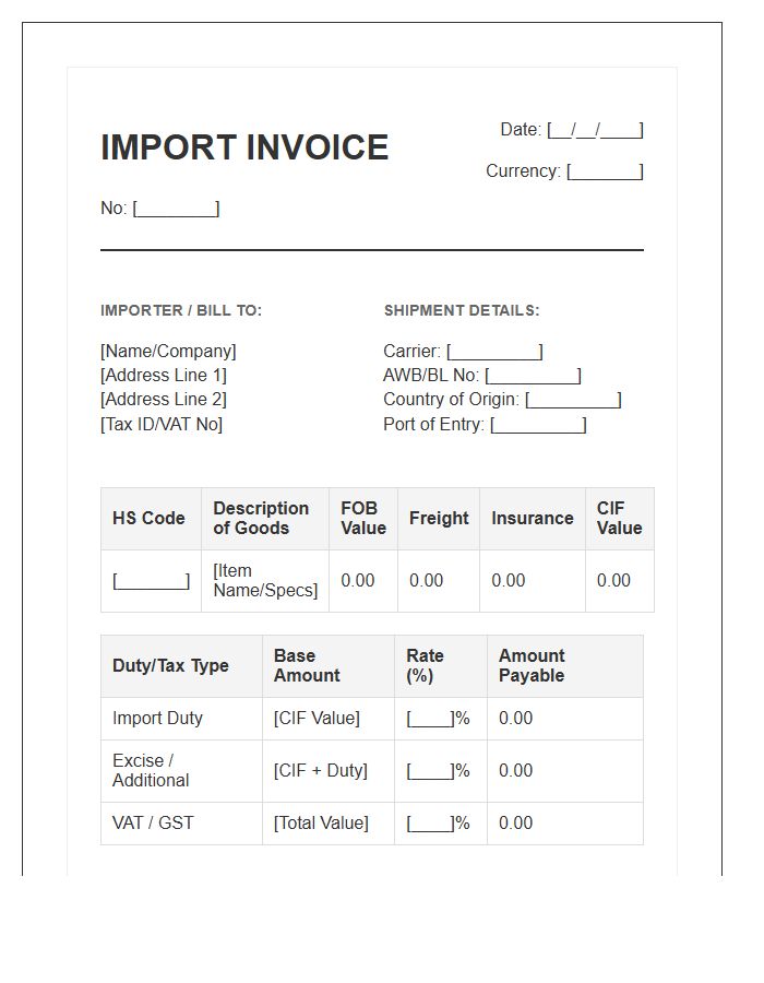 Import Duty Calculation Invoice Template